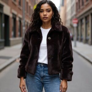 Vintage PLUSH Chocolate Brown Faux Fur Cropped Jacket M/L Luxe Winter Glam EUC!